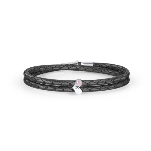 Engravable Sterling Silver Gemstone Heart Leather Bracelet – Sterling Silver with Pink Tourmaline