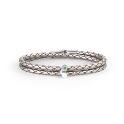 Engravable Sterling Silver Gemstone Heart Leather Bracelet in 925 Sterling Silver with Emerald