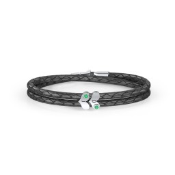 Engravable Sterling Silver Gemstone Heart Leather Bracelet - 2 in 925 Sterling Silver with Emerald