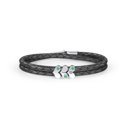 Engravable Sterling Silver Gemstone Heart Leather Bracelet - 3 in 925 Sterling Silver with Emerald