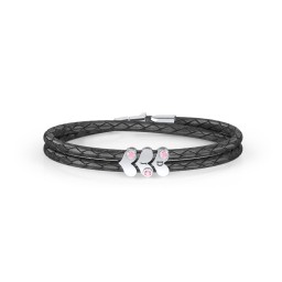 Engravable Sterling Silver Gemstone Heart Leather Bracelet - 3 in 925 Sterling Silver with Pink Tourmaline