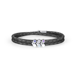 Engravable Sterling Silver Gemstone Heart Leather Bracelet - 3 in 925 Sterling Silver with Amethyst Premium Zirconia, Blue Topaz, and Blue Sapphire