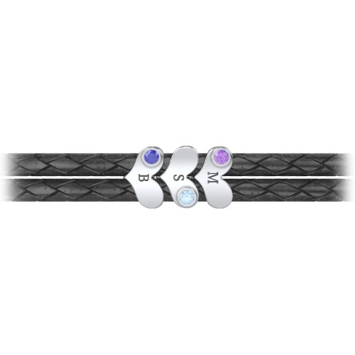 Engravable Sterling Silver Gemstone Heart Leather Bracelet - 3 – Sterling Silver with Amethyst, Blue Topaz, and Blue Sapphire