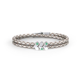 Engravable Sterling Silver Gemstone Heart Leather Bracelet - 3 in 925 Sterling Silver with Emerald