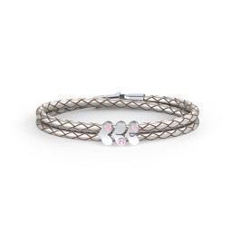 Engravable Sterling Silver Gemstone Heart Leather Bracelet - 3 in 925 Sterling Silver with Pink Tourmaline