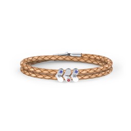 Engravable Sterling Silver Gemstone Heart Leather Bracelet - 3 in 925 Sterling Silver with Blue Sapphire and Garnet