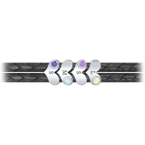 Engravable Sterling Silver Gemstone Heart Leather Bracelet - 4 – Sterling Silver with Peridot, Amethyst, Blue Topaz, and Blue Sapphire
