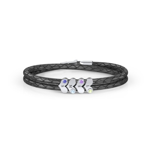 Engravable Sterling Silver Gemstone Heart Leather Bracelet - 4 – Sterling Silver with Peridot, Amethyst, Blue Topaz, and Blue Sapphire