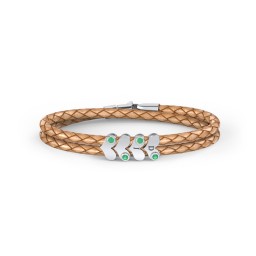 Engravable Sterling Silver Gemstone Heart Leather Bracelet - 4 in 925 Sterling Silver with Emerald