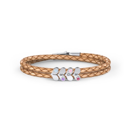 Engravable Sterling Silver Gemstone Heart Leather Bracelet - 4 – Sterling Silver with Ruby, Pink Tourmaline, Amethyst, and Blue Topaz