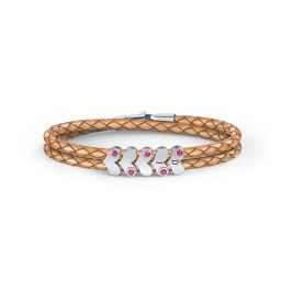Engravable Sterling Silver Gemstone Heart Leather Bracelet - 5 in 925 Sterling Silver with Ruby