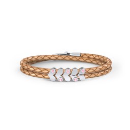 Engravable Sterling Silver Gemstone Heart Leather Bracelet - 5 in 925 Sterling Silver with Pink Tourmaline
