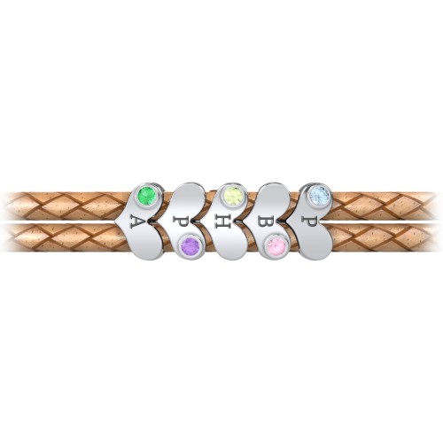 Engravable Sterling Silver Gemstone Heart Leather Bracelet - 5 – Sterling Silver with Blue Topaz, Pink Tourmaline, Peridot, Amethyst, and Emerald