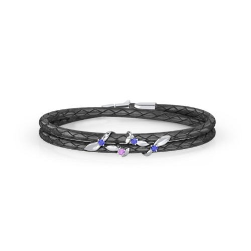 Sterling Silver Ivy & Gemstone Leather Bracelet – Sterling Silver with Blue Sapphire and Amethyst