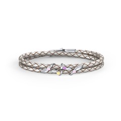 Sterling Silver Ivy & Gemstone Leather Bracelet – Sterling Silver with Pink Tourmaline, Citrine, and Amethyst