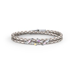 Sterling Silver Ivy & Gemstone Leather Bracelet in 925 Sterling Silver with Fancy Pink Premium Zirconia, Citrine, and Amethyst