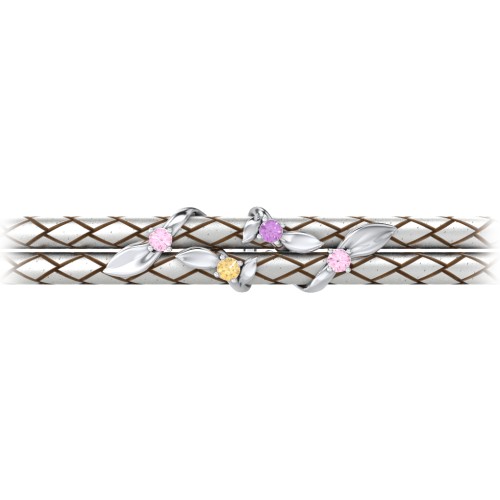 Sterling Silver Ivy & Gemstone Leather Bracelet – Sterling Silver with Pink Tourmaline, Citrine, and Amethyst