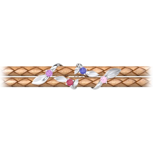 Sterling Silver Ivy & Gemstone Leather Bracelet – Sterling Silver with Amethyst, Ruby, Blue Sapphire, and Pink Tourmaline