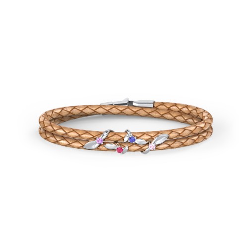 Sterling Silver Ivy & Gemstone Leather Bracelet – Sterling Silver with Amethyst, Ruby, Blue Sapphire, and Pink Tourmaline
