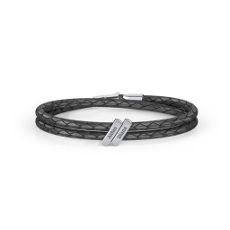 Engravable Sterling Silver Bar Leather Bracelet - 2 in 925 Sterling Silver