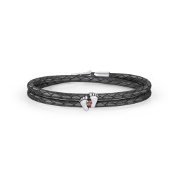 Sterling Silver Baby Feet Leather Bracelet With Birthstone in 925 Sterling Silver