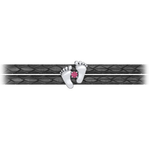 Sterling Silver Baby Feet Leather Bracelet With Birthstone – Sterling Silver with Ruby