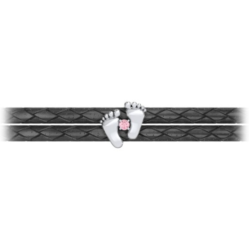 Sterling Silver Baby Feet Leather Bracelet With Birthstone – Sterling Silver with Pink Tourmaline