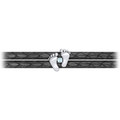 Sterling Silver Baby Feet Leather Bracelet With Birthstone