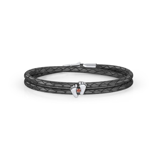 Sterling Silver Baby Feet Leather Bracelet With Birthstone