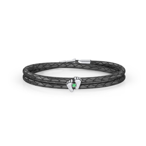 Sterling Silver Baby Feet Leather Bracelet With Birthstone – Sterling Silver with Emerald