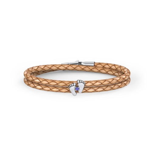 Sterling Silver Baby Feet Leather Bracelet With Birthstone – Sterling Silver with Blue Sapphire