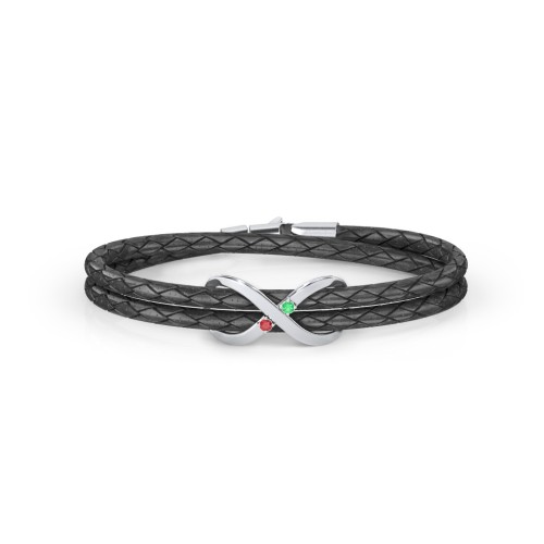 Sterling Silver Infinity Leather Bracelet with Gemstones – Sterling Silver with Garnet and Emerald
