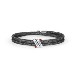 Engravable Sterling Silver Diagonal Bar Leather Bracelet with Gemstones in 925 Sterling Silver