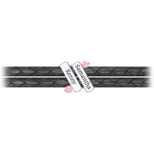 Engravable Sterling Silver Diagonal Bar Leather Bracelet with Gemstones – Sterling Silver with Pink Tourmaline