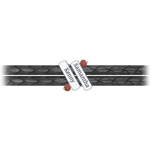 Engravable Sterling Silver Diagonal Bar Leather Bracelet with Gemstones