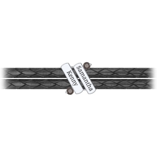 Engravable Sterling Silver Diagonal Bar Leather Bracelet with Gemstones