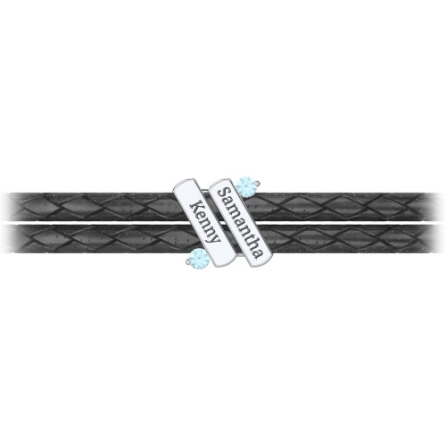 Engravable Sterling Silver Diagonal Bar Leather Bracelet with Gemstones