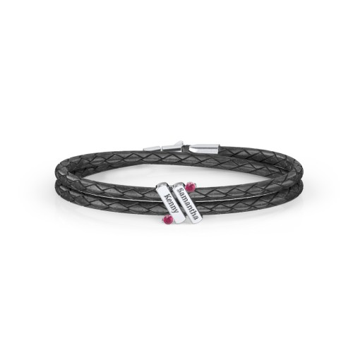 Engravable Sterling Silver Diagonal Bar Leather Bracelet with Gemstones – Sterling Silver with Ruby