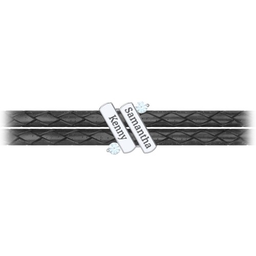 Engravable Sterling Silver Diagonal Bar Leather Bracelet with Gemstones – Sterling Silver with Aquamarine