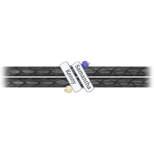 Engravable Sterling Silver Diagonal Bar Leather Bracelet with Gemstones – Sterling Silver with Blue Sapphire and Fancy Yellow Premium Zirconia