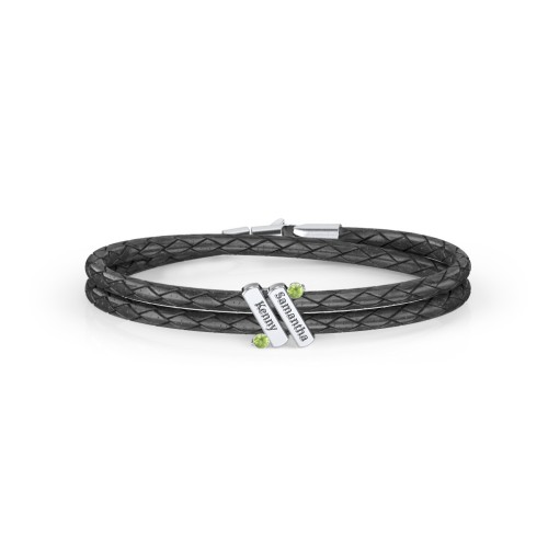 Engravable Sterling Silver Diagonal Bar Leather Bracelet with Gemstones – Sterling Silver with Peridot