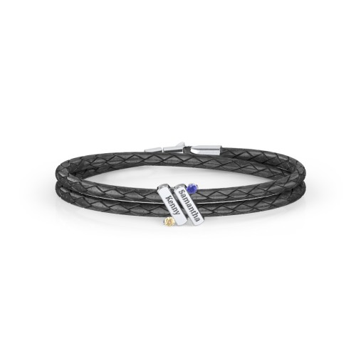 Engravable Sterling Silver Diagonal Bar Leather Bracelet with Gemstones – Sterling Silver with Blue Sapphire and Fancy Yellow Premium Zirconia