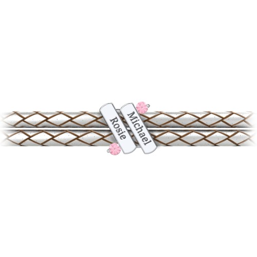 Engravable Sterling Silver Diagonal Bar Leather Bracelet with Gemstones – Sterling Silver with Pink Tourmaline