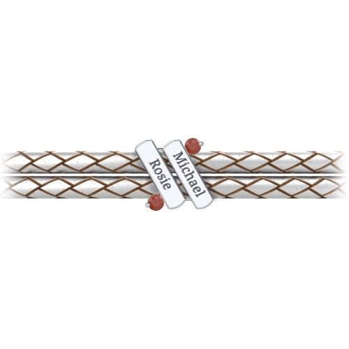 Engravable Sterling Silver Diagonal Bar Leather Bracelet with Gemstones – Sterling Silver with Garnet