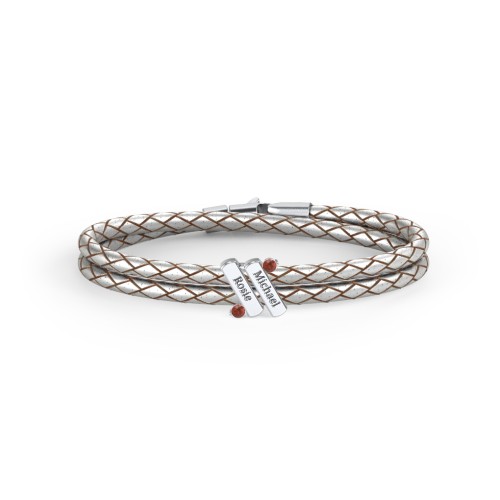 Engravable Sterling Silver Diagonal Bar Leather Bracelet with Gemstones – Sterling Silver with Garnet