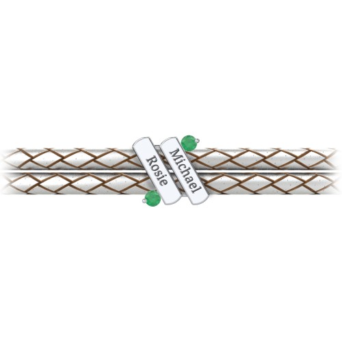 Engravable Sterling Silver Diagonal Bar Leather Bracelet with Gemstones – Sterling Silver with Emerald