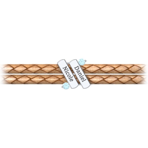 Engravable Sterling Silver Diagonal Bar Leather Bracelet with Gemstones