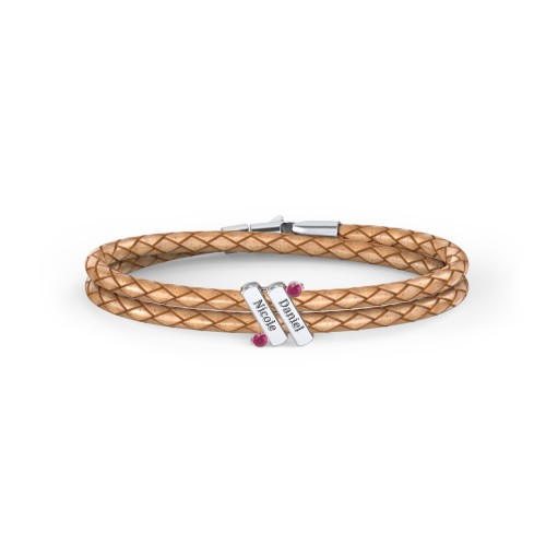Engravable Sterling Silver Diagonal Bar Leather Bracelet with Gemstones – Sterling Silver with Ruby