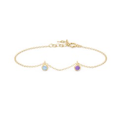 Bezel Set Gemstone Drop Bracelet - 2 Stone in 18K Gold Plated Silver with Blue Topaz and Amethyst