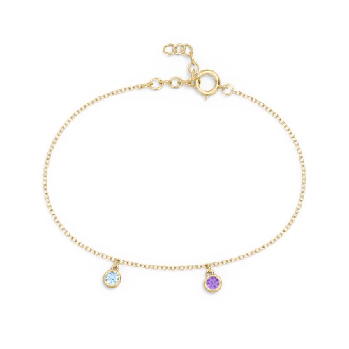 Bezel Set Gemstone Drop Bracelet - 2 Stone – 18K Gold Plated Silver with Blue Topaz and Amethyst